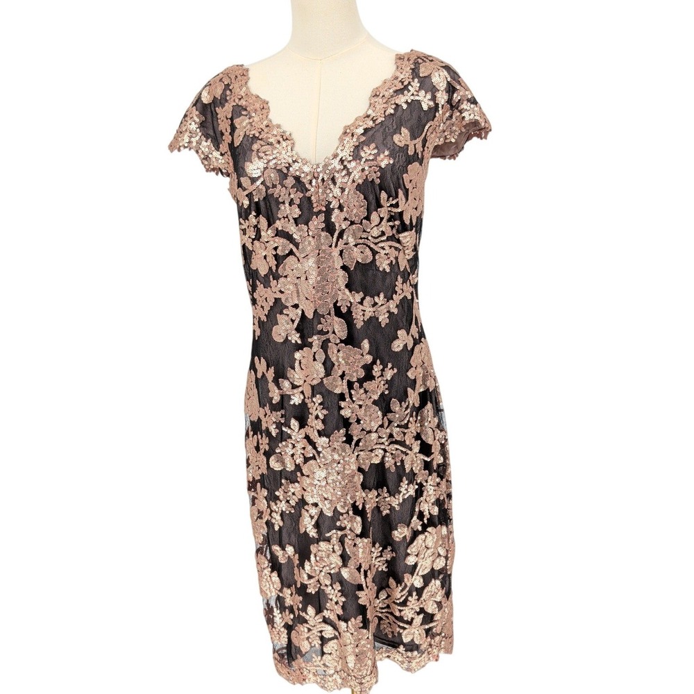 Rose Gold Sequin Floral Lace Sheath Dress Black V-Neck Cocktail Formal Gown